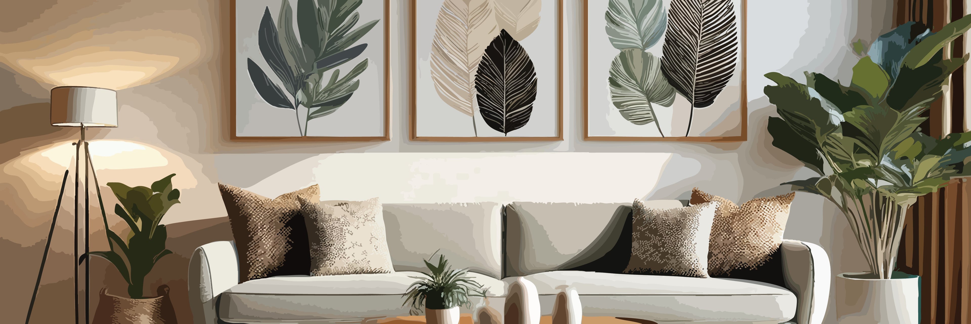 A cozy living room scene featuring a perfectly styled wall with three harmonious art pieces.